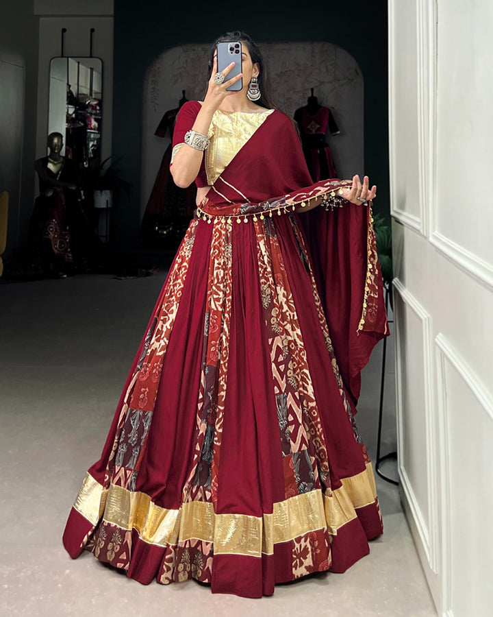 Maroon Color Rayon And Tussar Silk Navratri Lehenga Choli