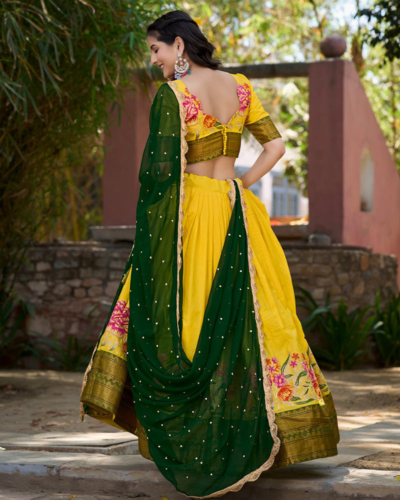 Yellow Color Cotton Silk Designer Half Saree
