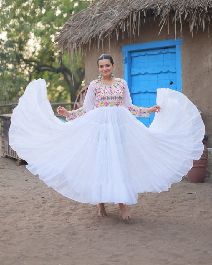 White Color Blooming Ruffle Style Navratri Gown