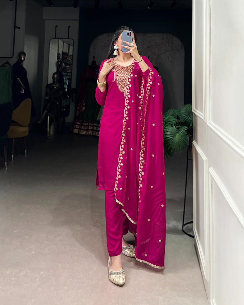 Pink Color Organza Three Piece Kurti Suit