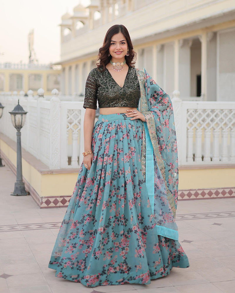 Sky Blue Color Russian Silk Digital Printed Lehenga Choli