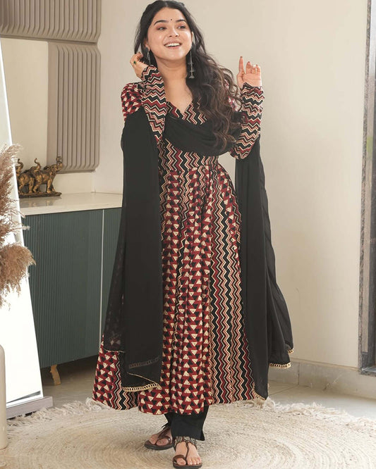 Black Color Laheriya Triangle Printed Pure Cotton Anarkali Suit