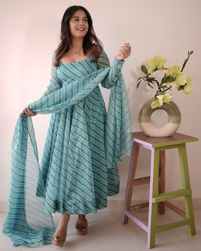 Firozi Color Laheriya Print Tabby Organza Anarkali Suit