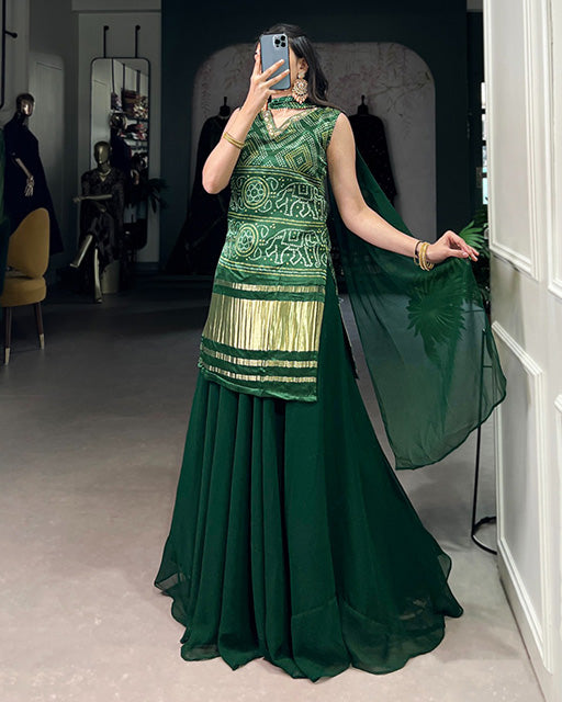 Green Color Gaji Silk Three Piece Plazo Suit