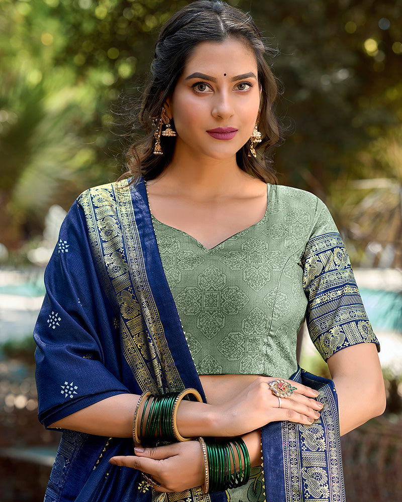 Sea Green Color Tussar Silk Kalamkari Printed Navratri Lehenga Choli