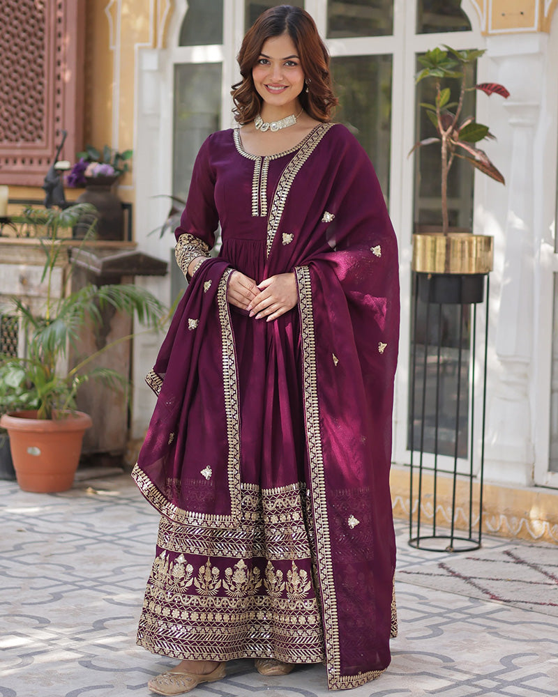 Wine Color Vichitra Shimmer Sequence Embroidered Gown