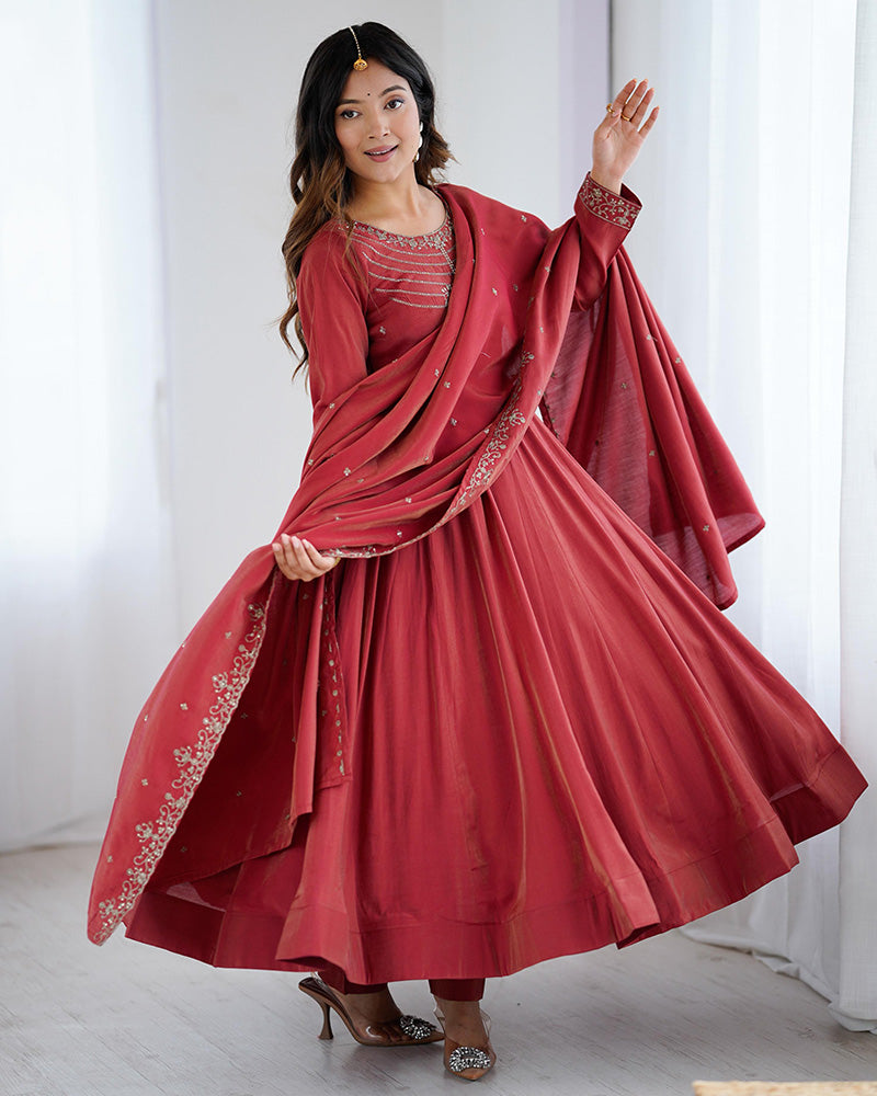 Maroon Color Roman Shimmer Chanderi Silk Three Piece Anarkali Suit