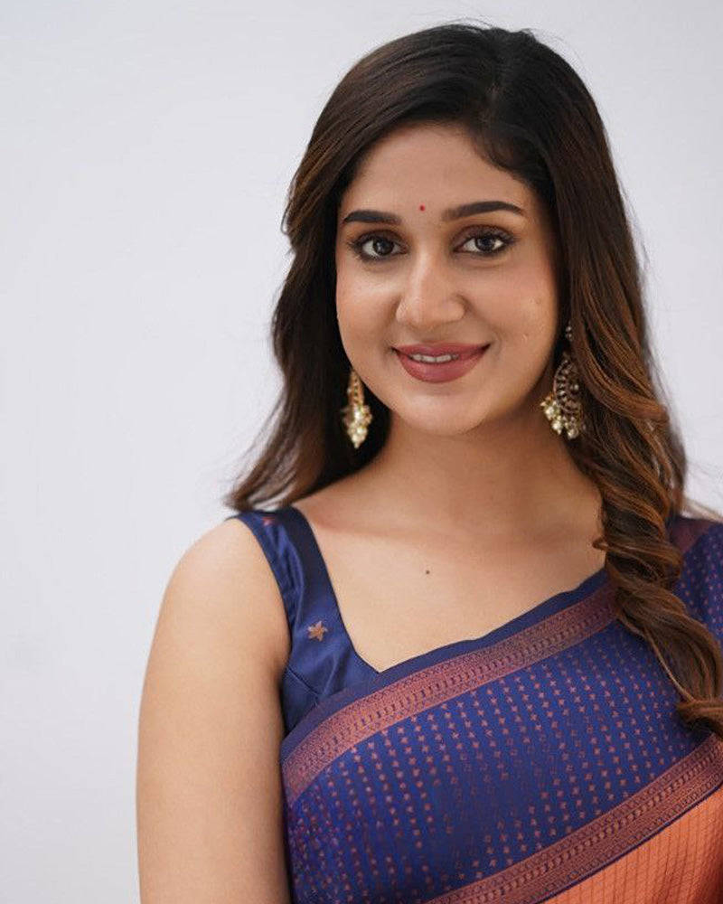 Blue And Orange color banarasi Soft Silk Saree