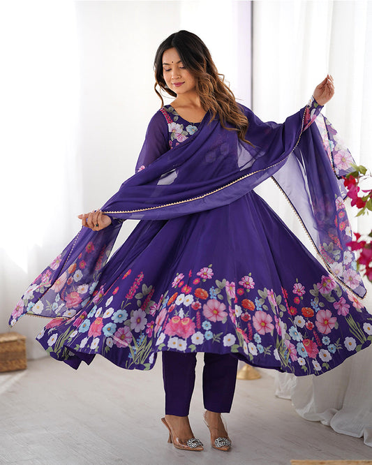 Purple Color Floral Print Organza Three Piece Anarkali Suit