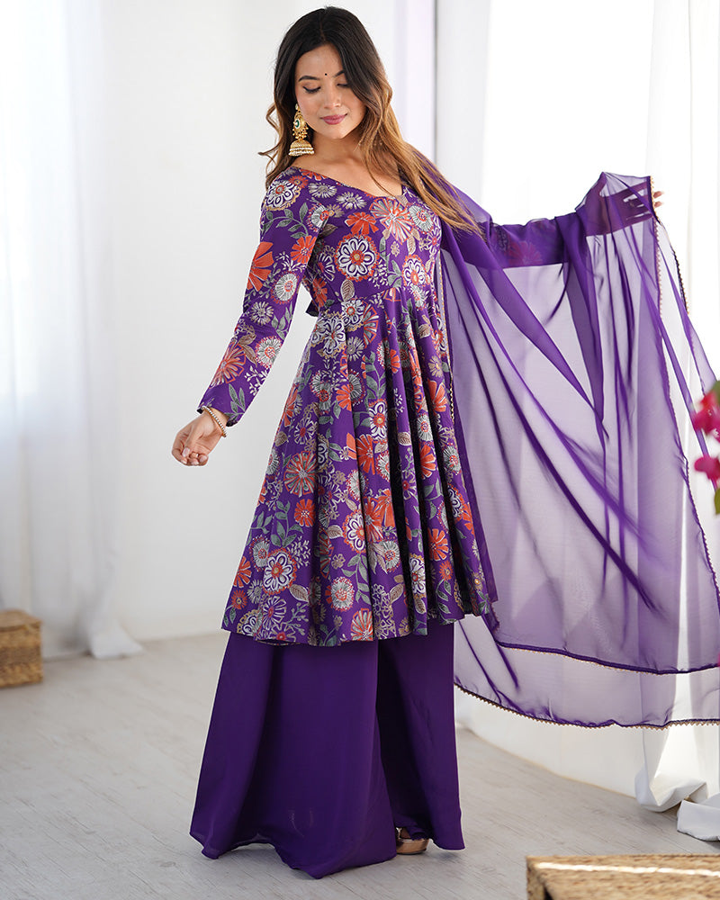 Purple Color Roman Silk Discharge Printed Plazzo Suit