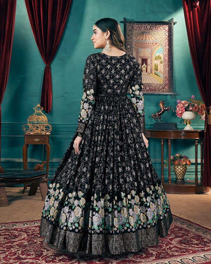 Black Color Faux Georgette Metalic Foil Work Gown With Dupatta