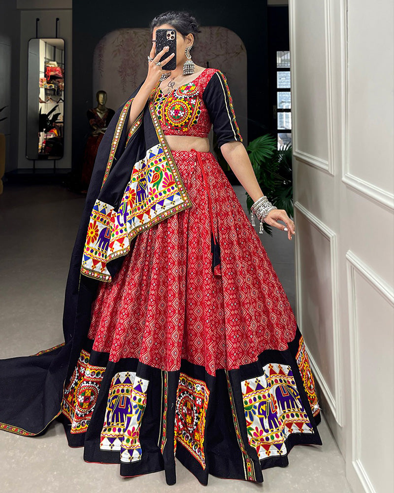 Red Color Cotton Gamthi Work Navratri Lehenga Choli