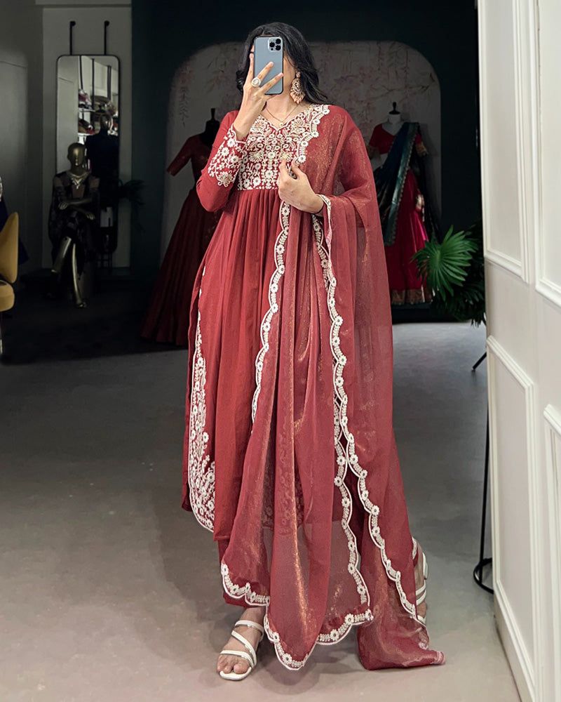 Rust Orange Color Maska Cotton Three Piece Kurti Suit