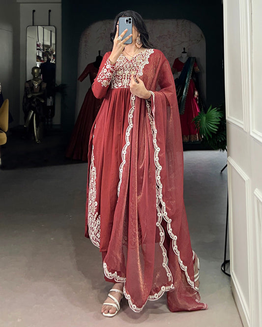 Rust Orange Color Maska Cotton Three Piece Kurti Suit