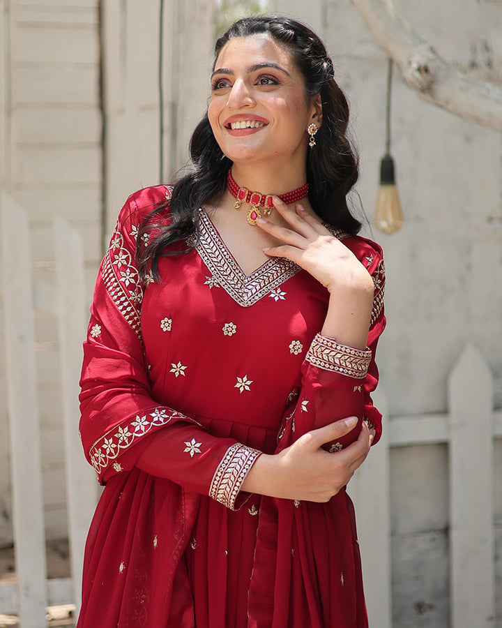 Designer Maroon Color Faux Blooming Embroidered Gown