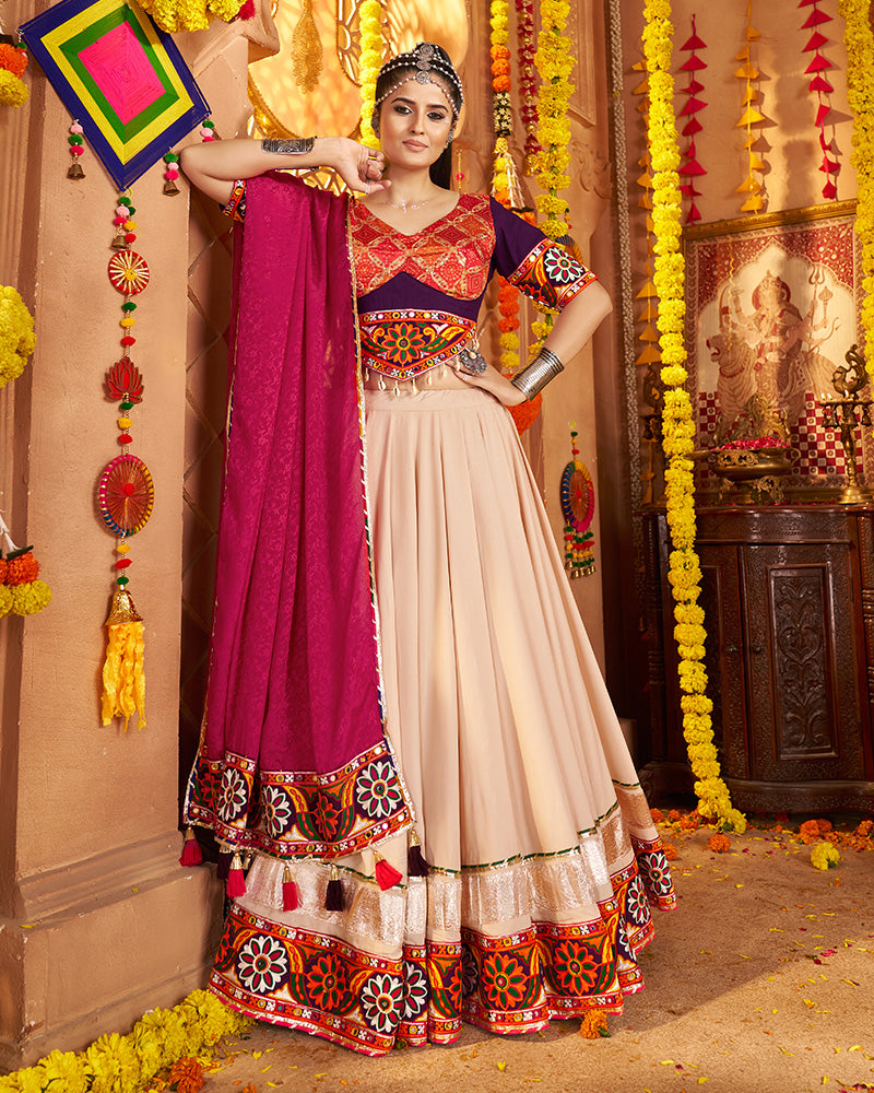 Beige and Maroon Navratri Lehenga Choli With Stunning Embroidery