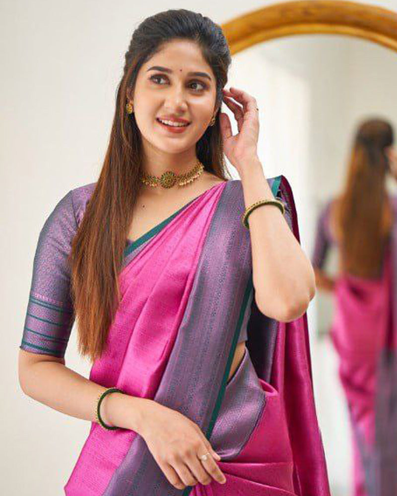 Pink Soft Banarasi Silk Saree With Exclusive Jacquard Border