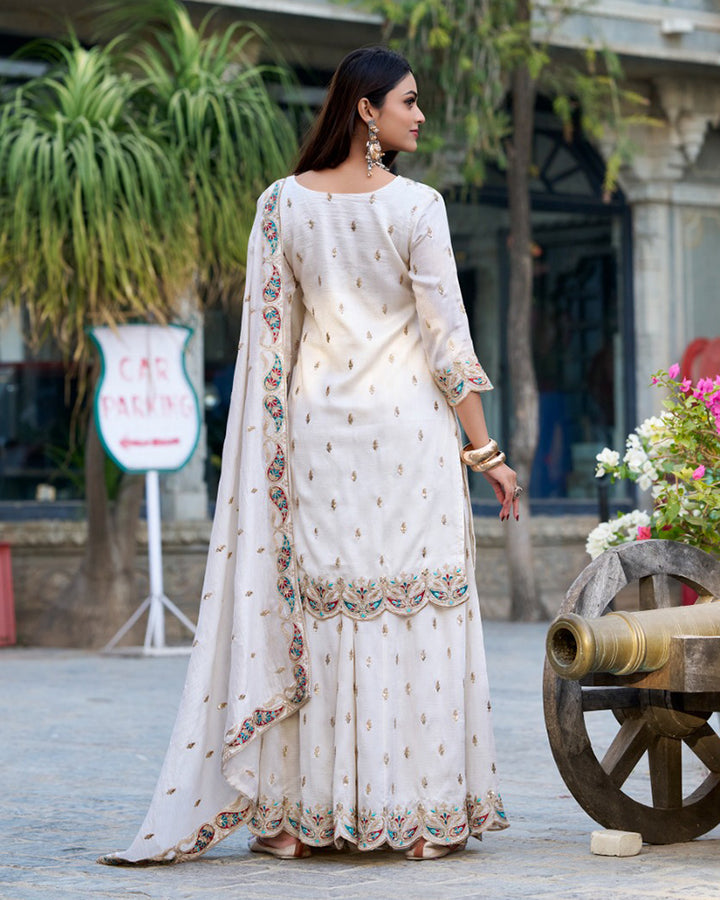 White Color Vichitra Silk Three Piece Kurti Suit