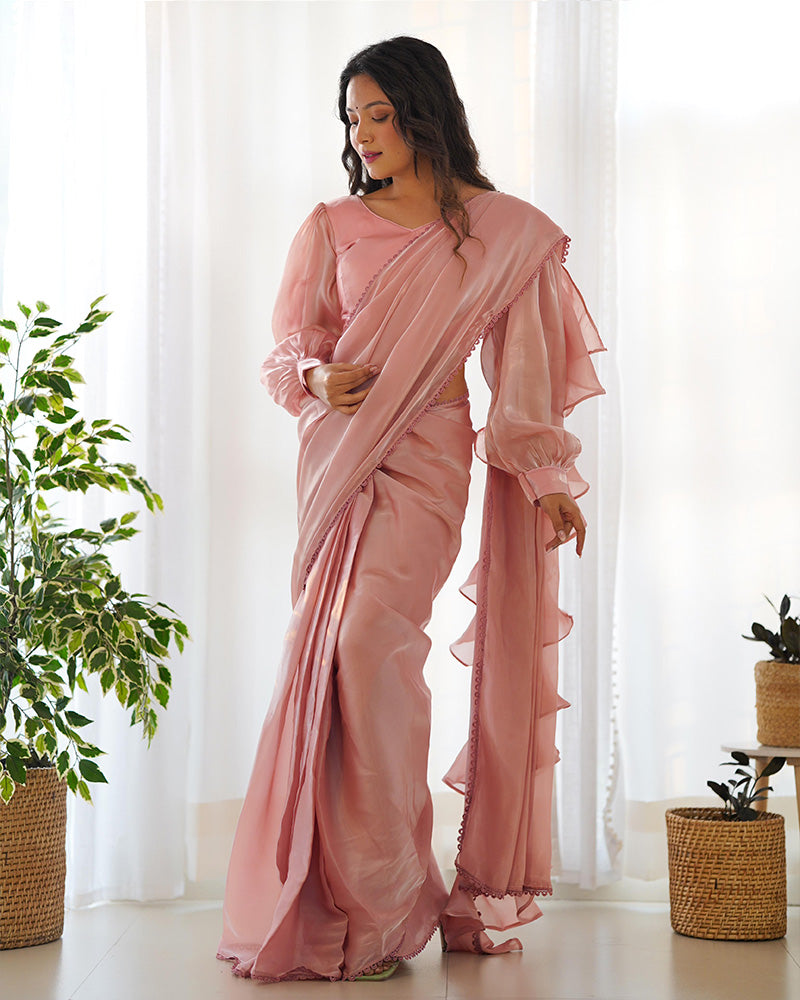 Peach Color Soft Organza Pre Drapped Saree