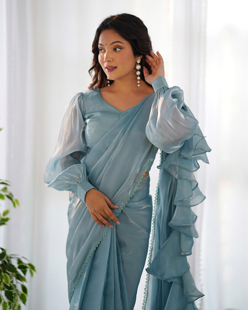 Sky Blue Color Soft Organza Pre Drapped Saree