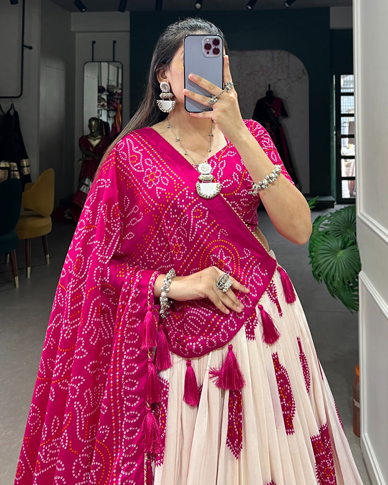 Pink Color Tussar Silk Bandhej Printed Lehenga Choli