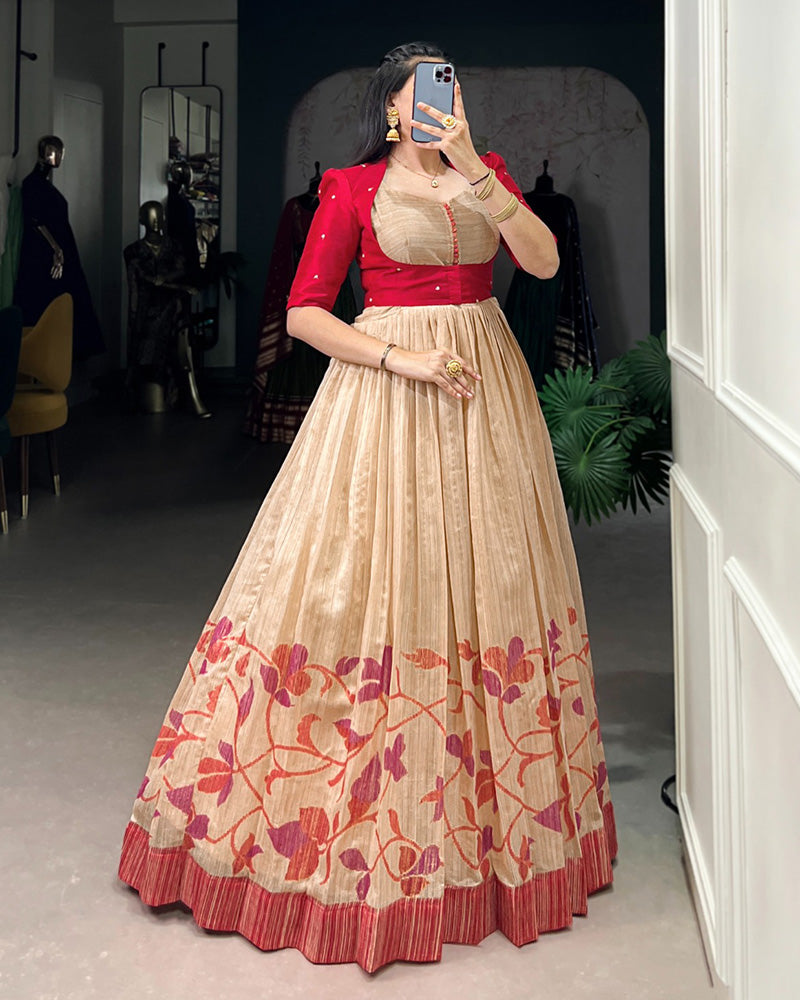 Maroon Color Green Silk Printed Gown With koti