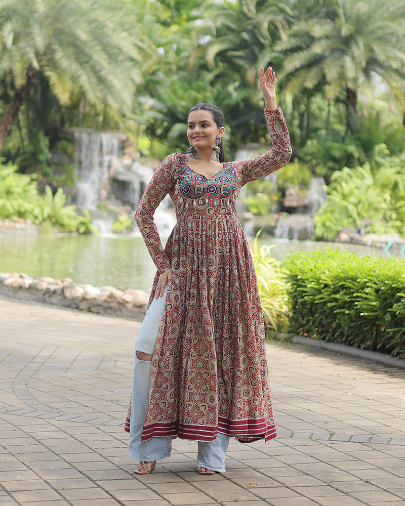 Maroon Color Cotton Printed Navratri Kurti