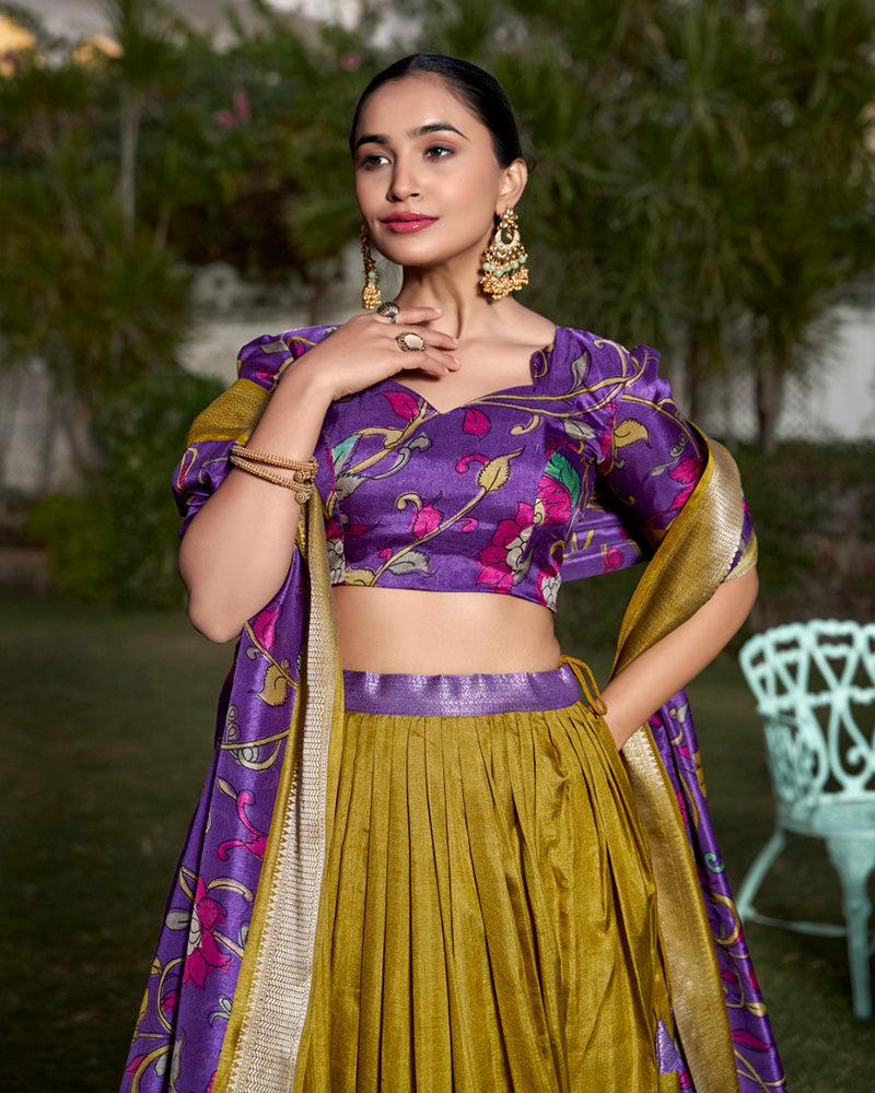 Mustard Color Dola Silk Kalamkari Printed Lehenga Choli