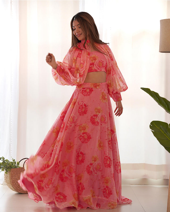 Baby Pink Color Pure Tabby Organza Printed Lehenga Choli