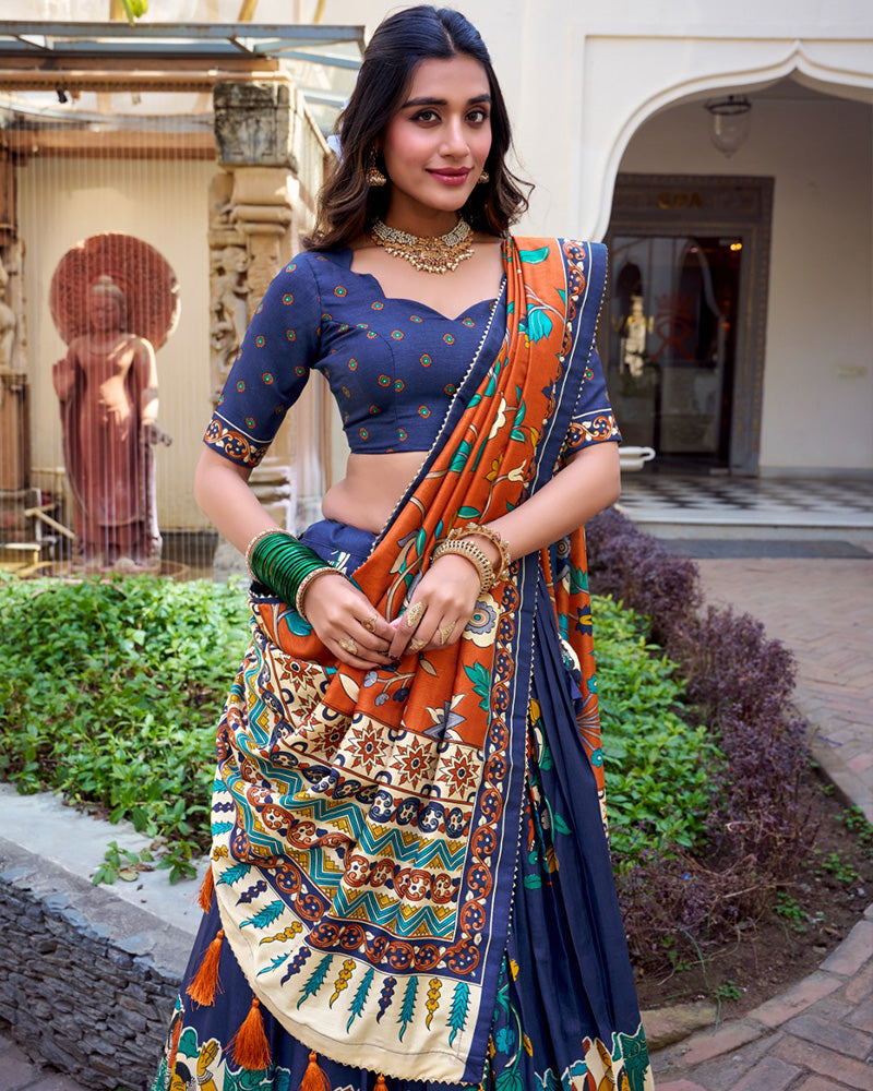 Navy Blue Color Tussar Silk Kalamkari Printed Half Saree