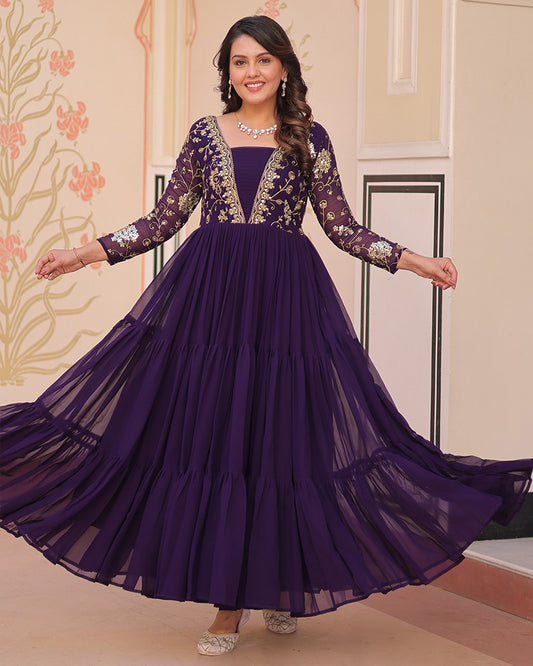 Elegant Purple Floor-Length Gown With Golden Threadwork