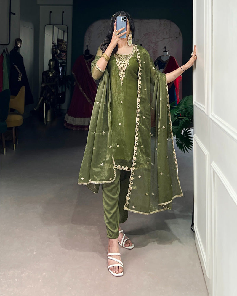 Olive Green Color Gold Coin Three Piece Kurti Suit