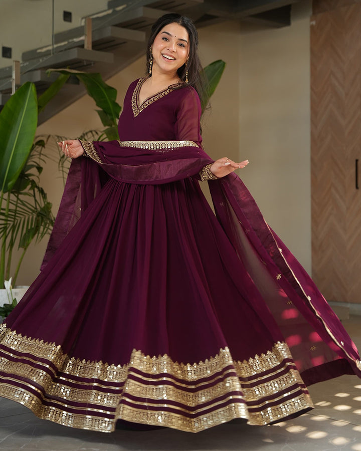 Wine  Color Faux Blooming Embroidered Gown With Dupatta