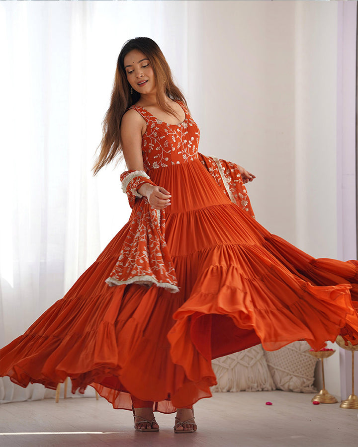 Orange Color Georgette Five Layer Ruffle Style Anarkali Suit