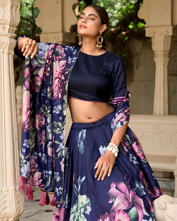 Navy Blue Color Tussar Silk Floral Printed Lehenga Choli