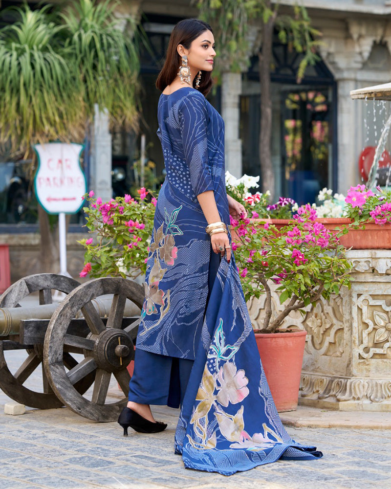 Navy Blue Color Roman Silk Three Piece Kurti Suit