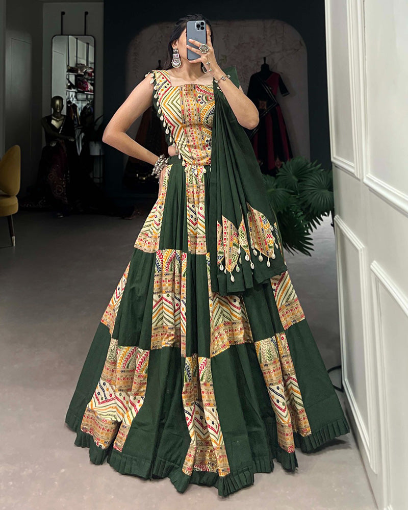 Mehndi Color Cotton Foil Printed Navratri Lehenga Choli