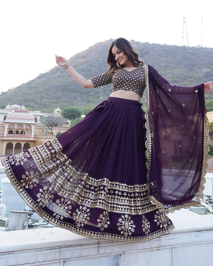 Designer Sequence Embroidery Work Georgette Lehenga Choli In Wine Color