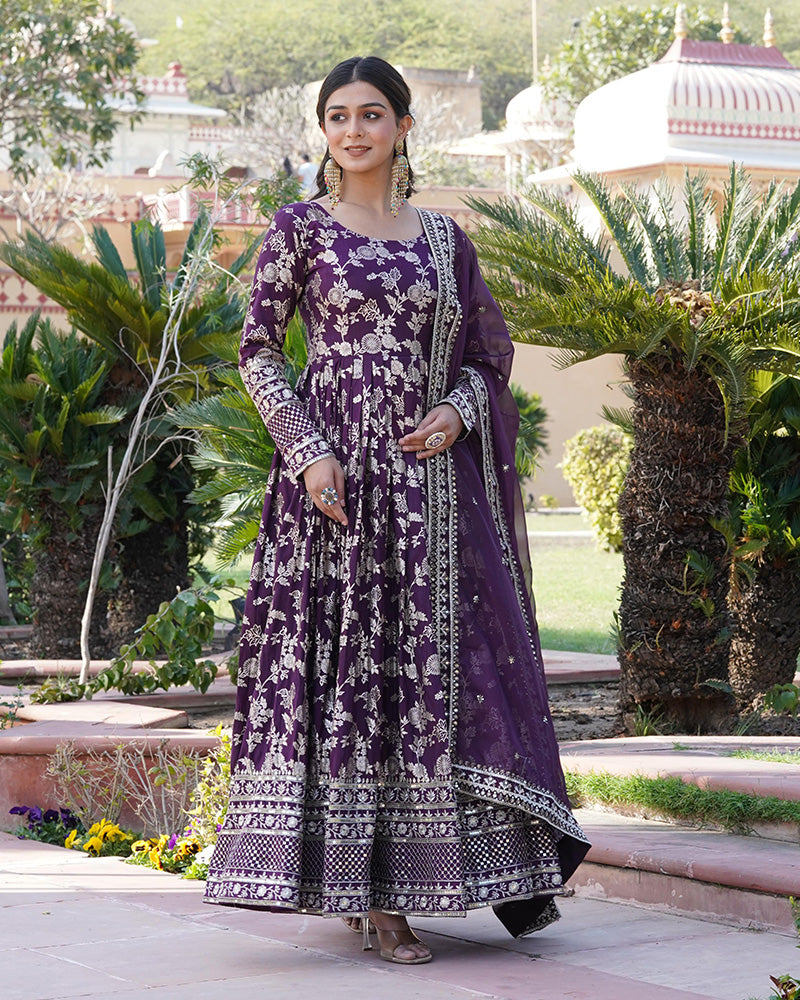 Designer Wine Color Sequence embroidered Viscose Jacquard Gown With Dupatta