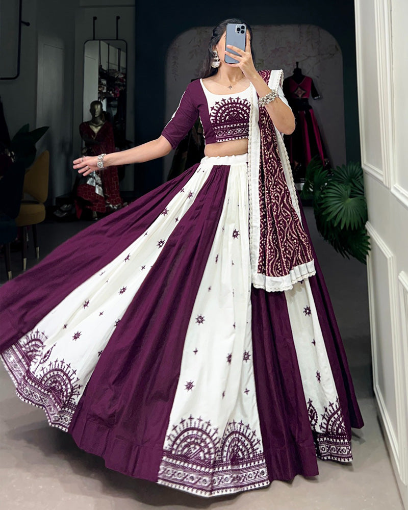 Designer WIne Color Cotton Real mirror Work Navratri Lehenga Choli