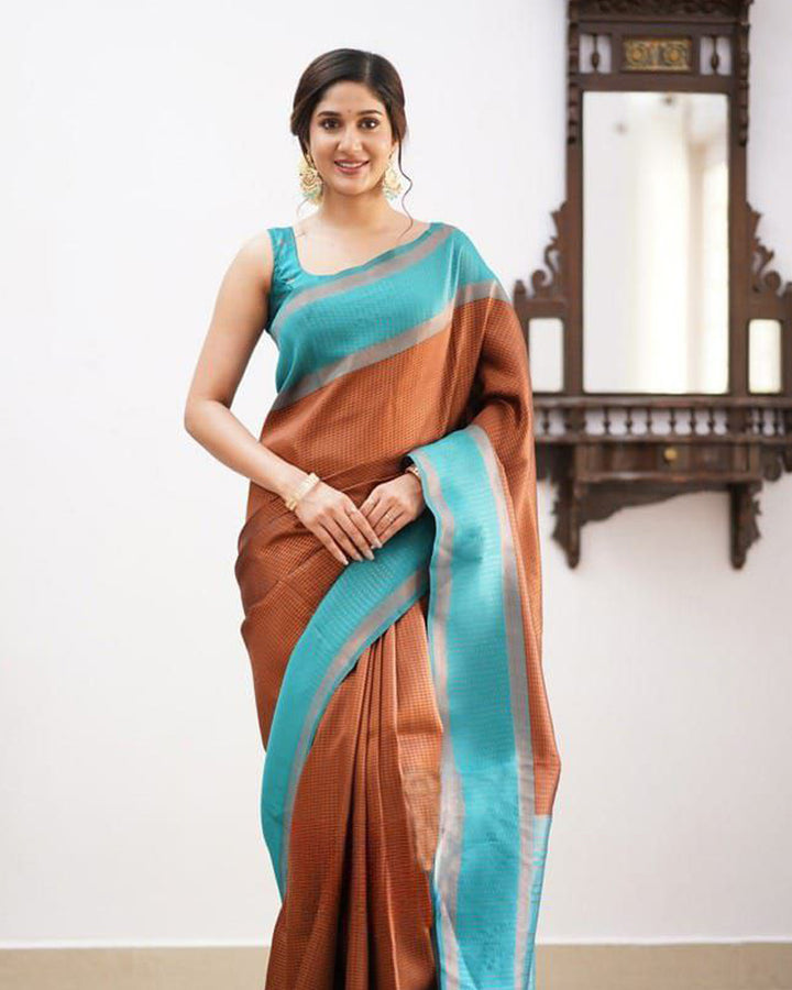 Sky Blue And Brown Color Soft Banarasi Silk Saree