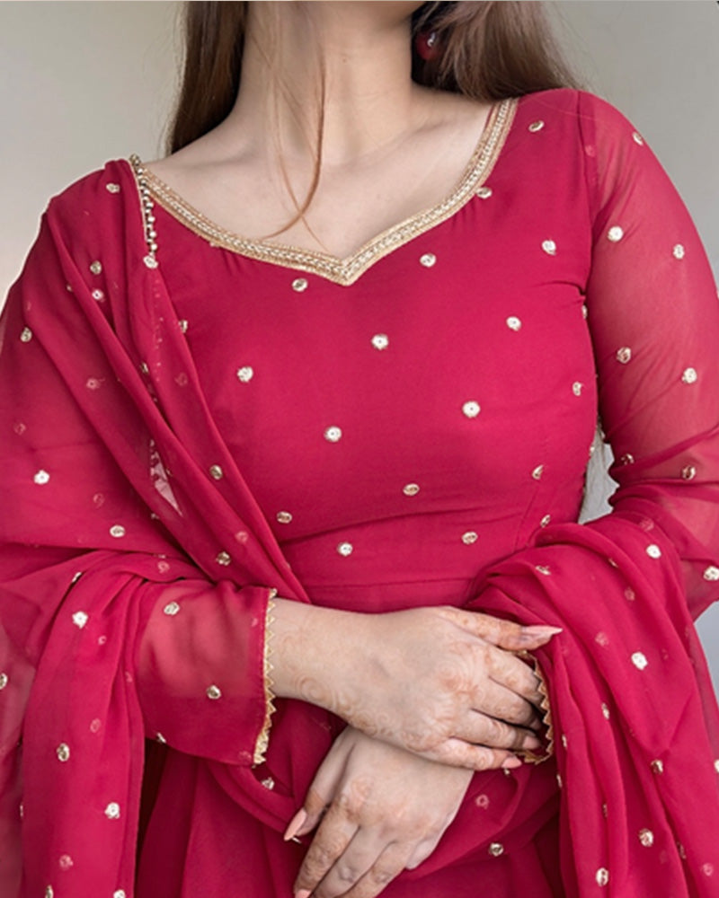 Kanak Mishra In Red Color Georgette Anarkali Three Piece Suit
