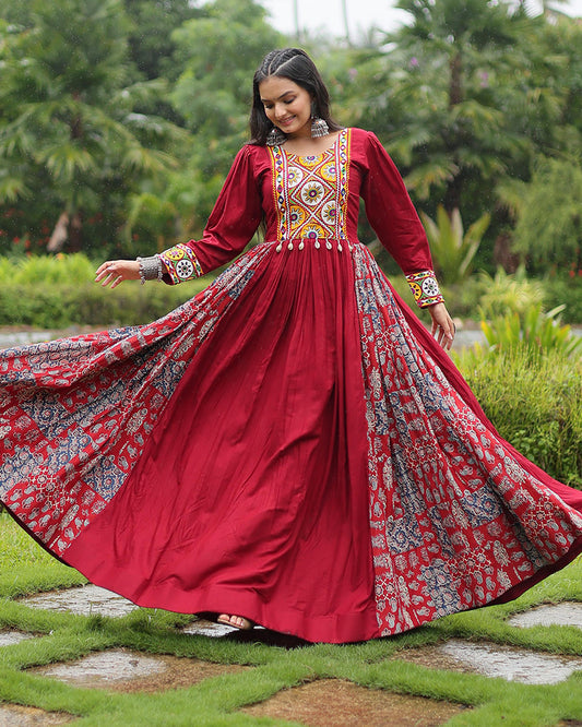 Maroon Color Rayon Gamthi Work Navratri Gown