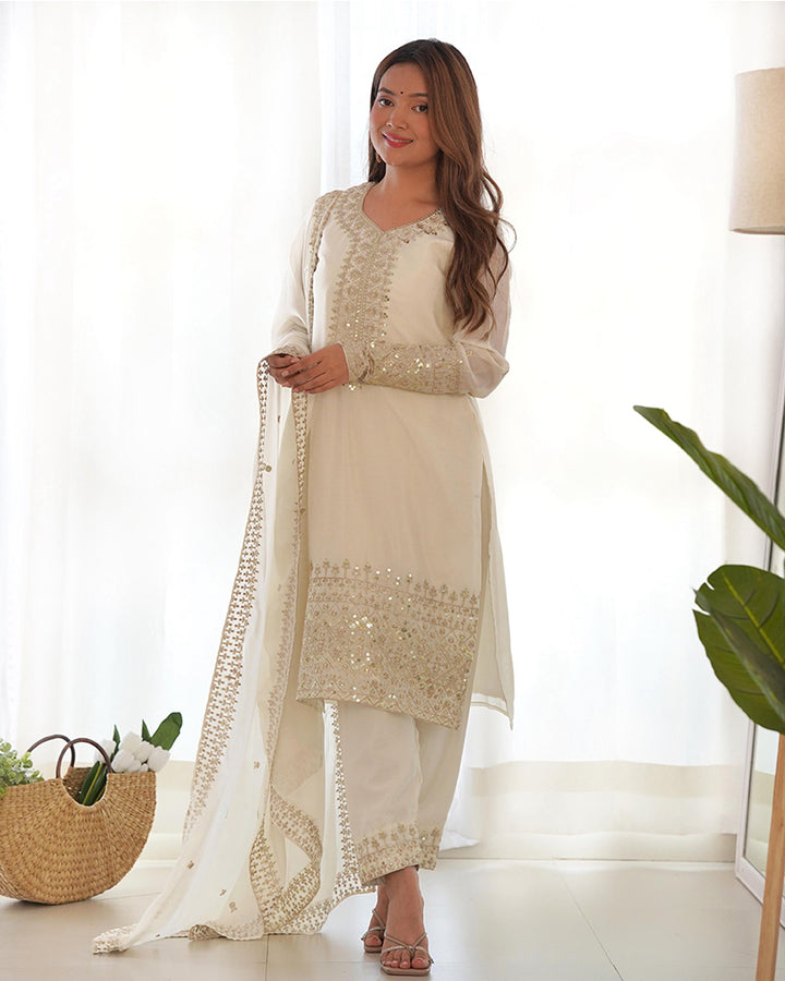 White Color Chinon Silk Three Piece Kurti Suit