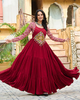 Classic Maroon Mirror Embroidered Rayon Gown For Navratri