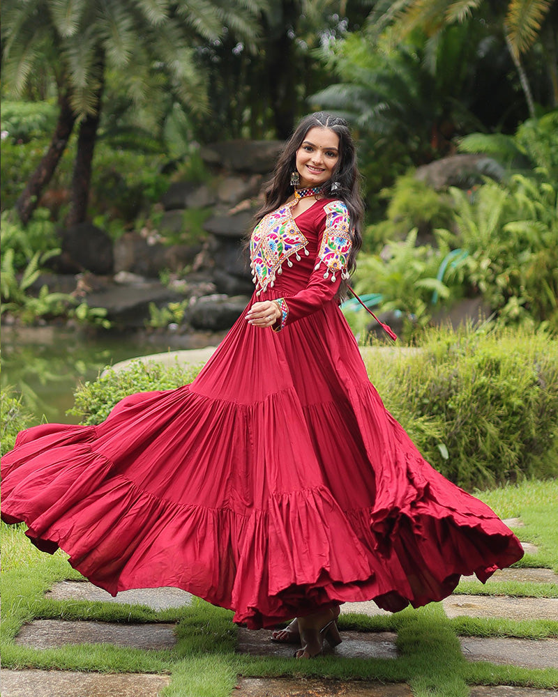 Maroon Color Reyon Gamthi Style Navratri Gown