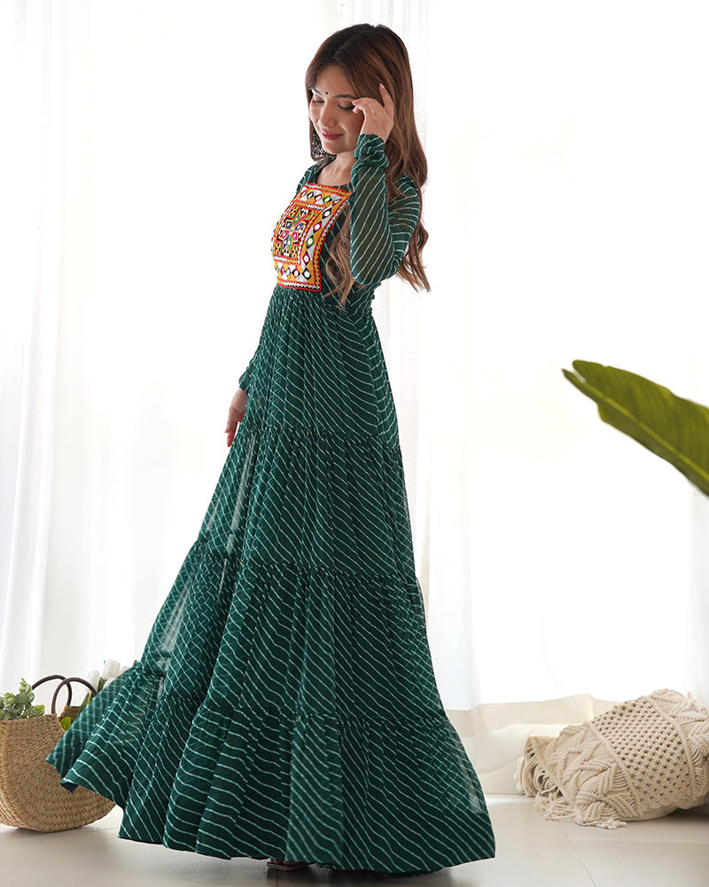 Green Color Georgette Laheriya Print Navratri Gown