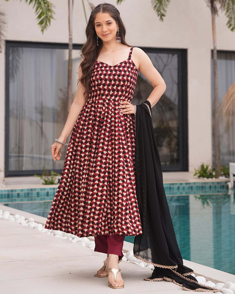 Red Color Triangle Printed Pure Cotton Anarkali Suit