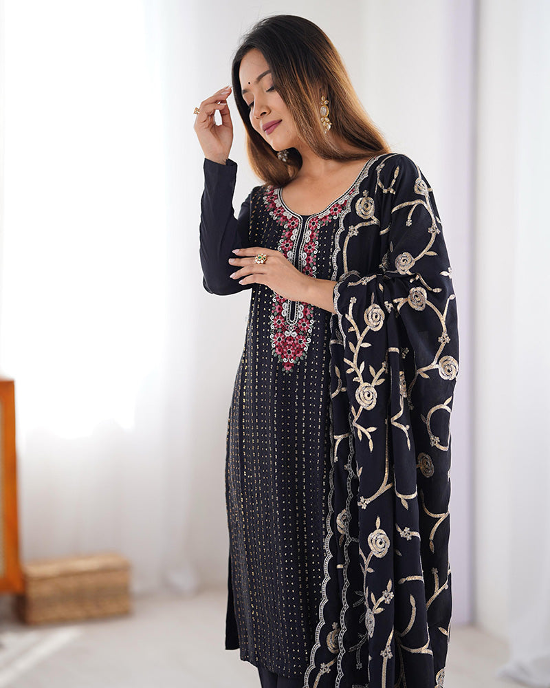 Black Color Chinon Silk Three Piece Kurti Suit