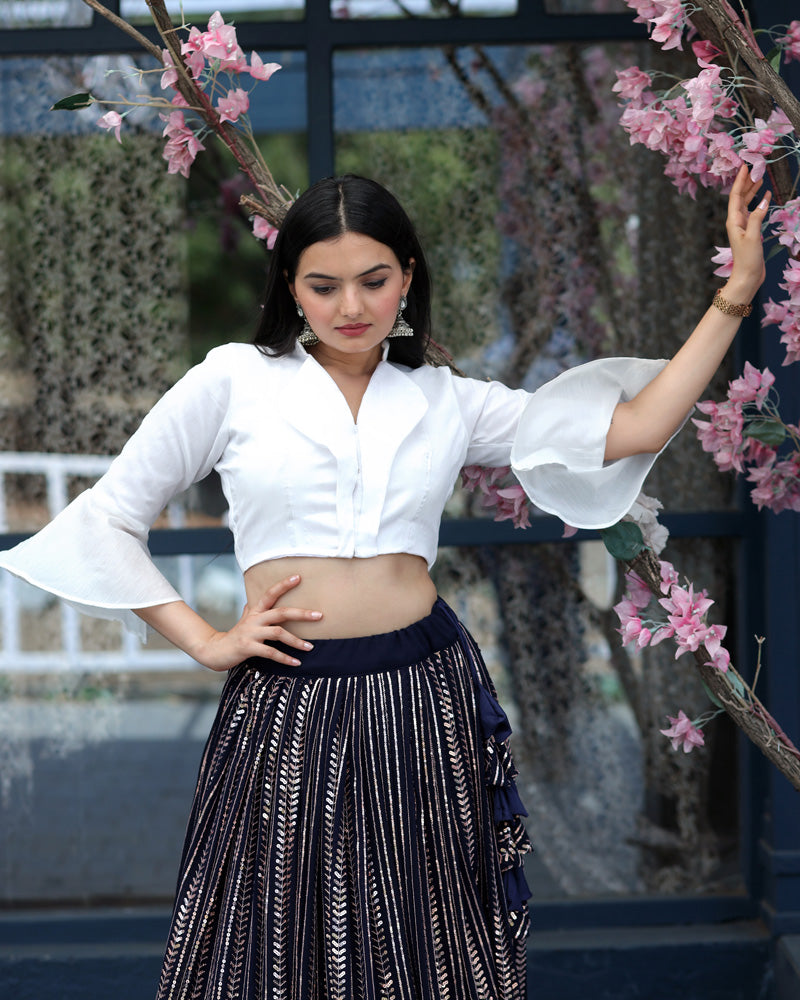 Black And White Designer Ready to Wear Crop Top Lehenga Choli